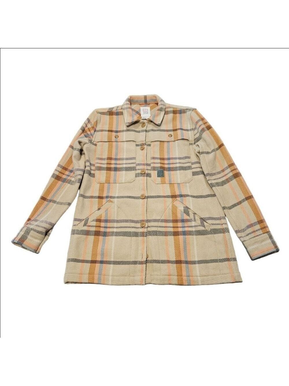 Women's Topo Designs Plaid Mountain Shirt Utility Jacket XS Beige Orange